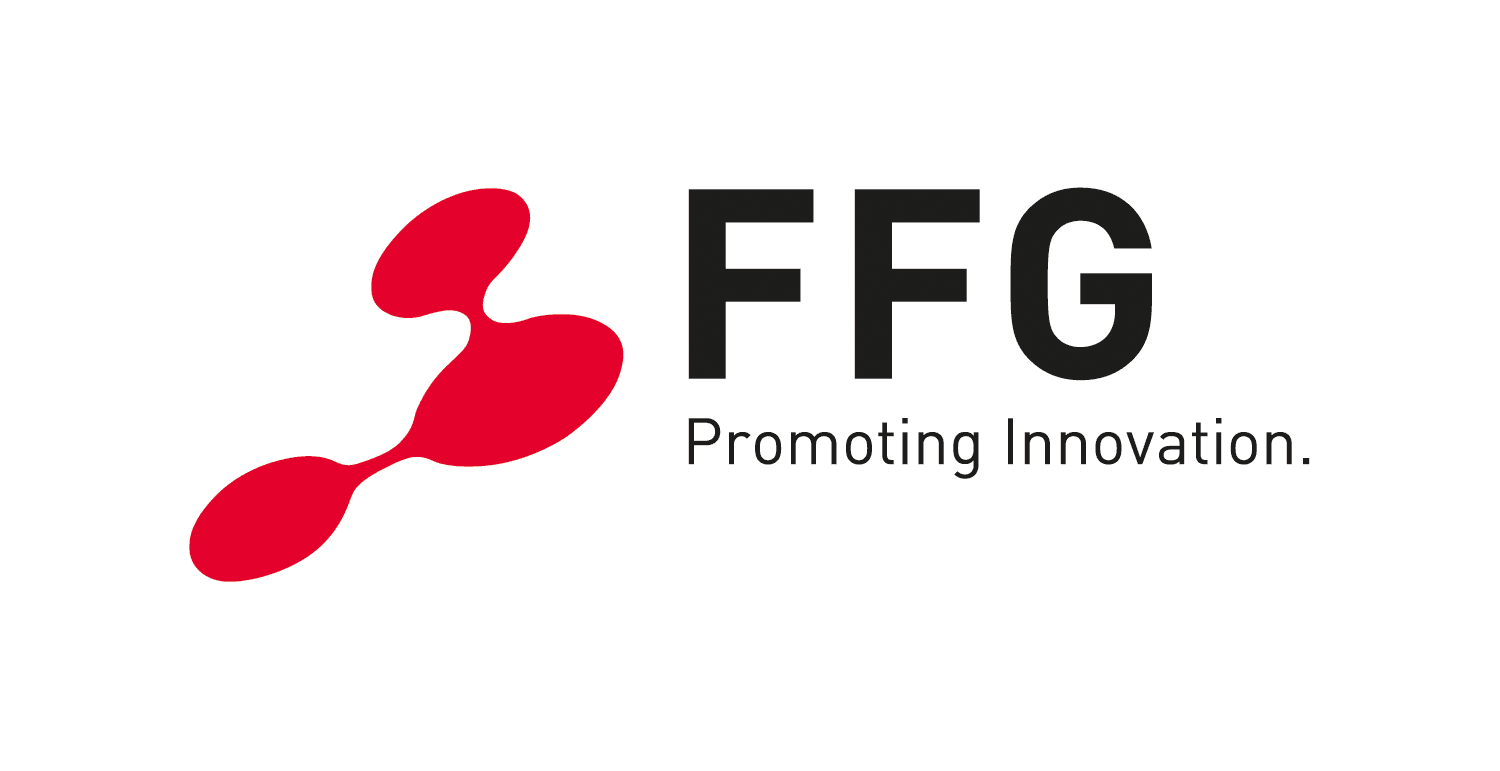 FFG-Logo mit drei miteinander verbundenen roten Formen auf der linken Seite und dem fetten schwarzen Text FFG mit dem Slogan Promoting Innovation. auf der rechten Seite, alles auf weißem Hintergrund.