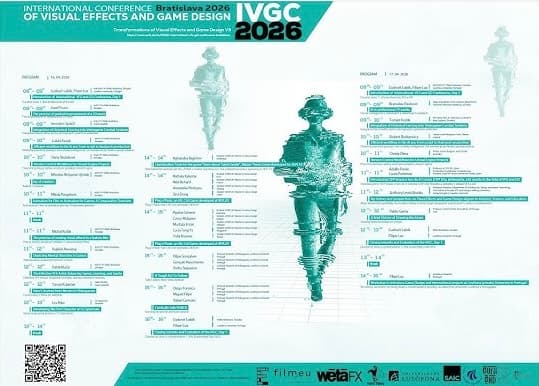 Das Konferenzplakat für die IVGC 2026 zeigt in der Mitte eine türkisfarbene digitale Figur und auf beiden Seiten einen detaillierten Veranstaltungsplan. In der Kopfzeile steht International Conference of Visual Effects and Game Design. Die Logos der Sponsoren befinden sich am unteren Rand.