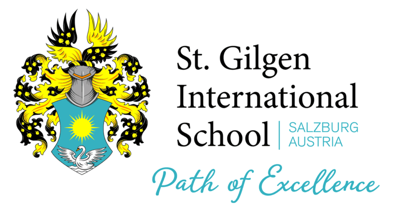 Wappen mit einer Sonne, einem Schwan und gelb-schwarzen Verzierungen neben dem Text St. Gilgen International School Salzburg Austria. Weg der Exzellenz.