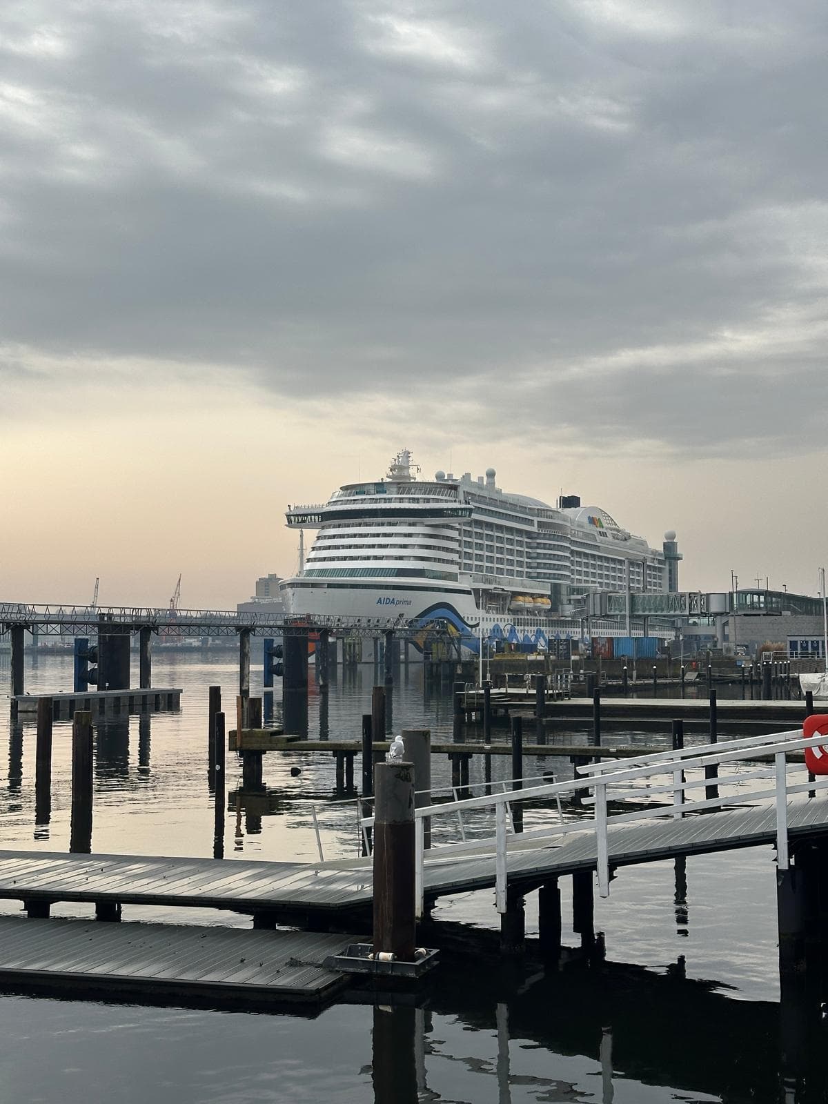 Ein großes weißes Kreuzfahrtschiff, das unter bewölktem Himmel an einem Hafen angedockt hat, mit ruhigem Wasser, leeren Docks und einigen Gebäuden im Hintergrund.