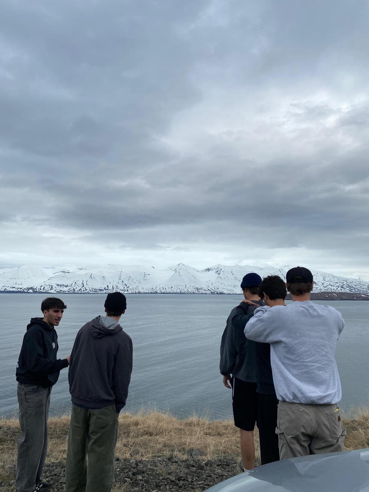 Fünf Personen stehen an einem ruhigen See, mit Blick auf schneebedeckte Berge unter einem wolkenverhangenen Himmel. Einige unterhalten sich, während andere die Aussicht betrachten. Der Boden ist grasbewachsen und braun, und ein Auto ist teilweise im Vordergrund zu sehen.