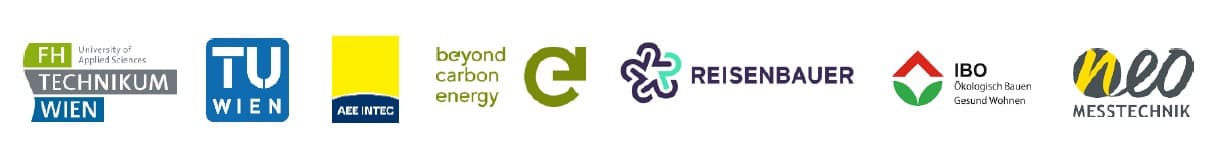 Eine Reihe von sieben Logos verschiedener Organisationen, darunter FH Technikum Wien, TU Wien, AEE Intec, Beyond Carbon Energy, ein grünes „e“, Reisenbauer, IBO und Leo Messtechnik, die alle auf weißem Hintergrund abgebildet sind.