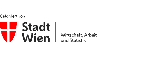 Logo mit einem roten Schild und einem weißen Kreuz auf der linken Seite; rechts steht der Text: „Gefördert von Stadt Wien Wirtschaft, Arbeit und Statistik“, womit die Abteilung für Wirtschaft, Arbeit und Statistik der Stadt Wien gemeint ist.