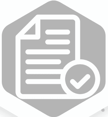 Graues Symbol eines Dokuments mit horizontalen Linien, die Text darstellen, und einer Lupe in der unteren rechten Ecke, in der ein Häkchen zu sehen ist, das die Überprüfung oder Genehmigung des Dokuments symbolisiert.