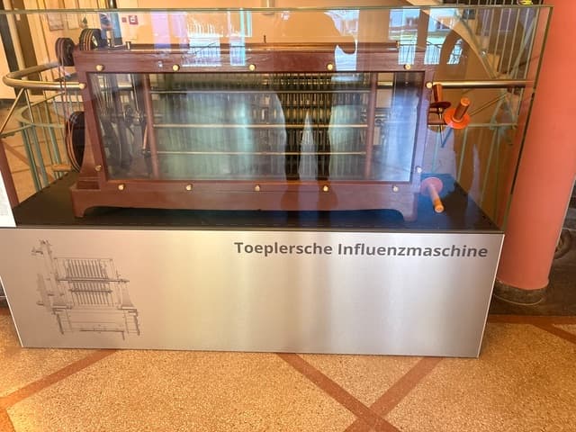 Eine große Glasvitrine, in der ein historisches elektrisches Gerät mit der Aufschrift „Toeplersche Influenzmaschine“ aus Metall- und Holzteilen ausgestellt ist; sie steht auf dem Boden des Museums, und an der Vorderseite sind eine schematische Darstellung sowie eine Beschreibung angebracht.