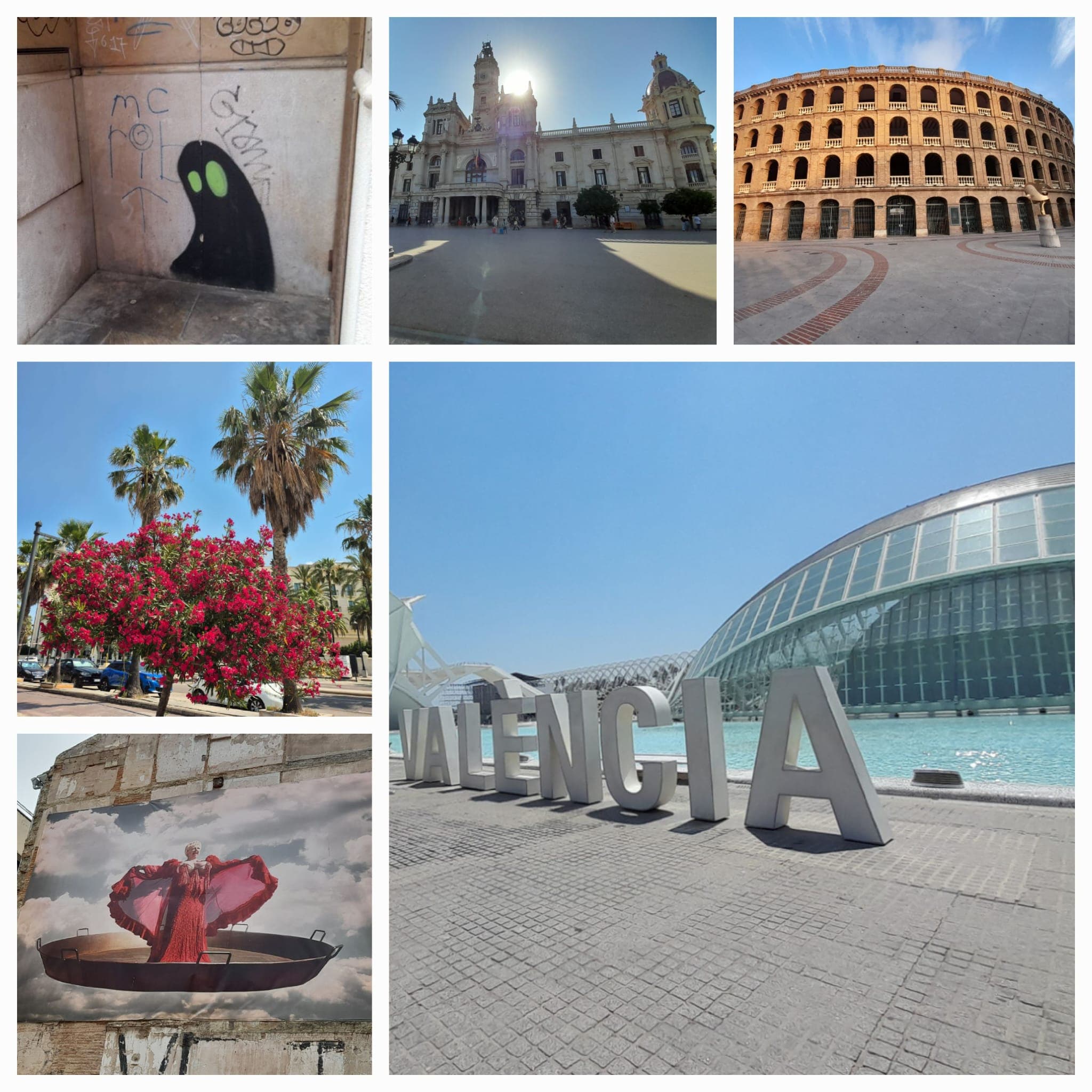 Eine Collage aus Valencia, Spanien: Graffiti eines schwarzen Geistes, ein prächtiges Gebäude mit Türmen, das ovale römische Kolosseum, rote Blumen und Palmen, ein Wandgemälde einer Frau in Rot auf einem Boot sowie die Schriftzüge „VALENCIA“ neben einer modernen Glaskuppel.