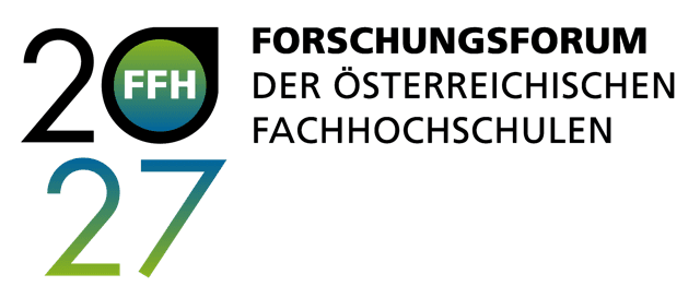 Logo mit der Jahreszahl „2027“ in großen Ziffern, wobei die erste Null einen grün-blauen Kreis mit der Aufschrift „FFH“ enthält. Rechts davon steht in fetter Schrift: „Forschungsforum der Österreichischen Fachhochschulen“.