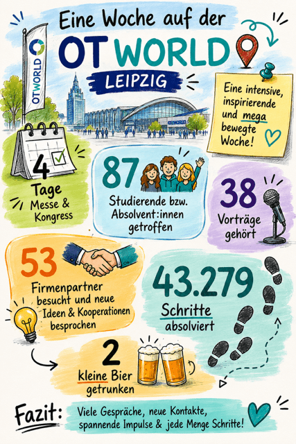 Eine farbenfrohe Infografik fasst eine Woche auf der OTWorld Leipzig zusammen: 4 Veranstaltungstage, 87 getroffene Studierende, 38 besuchte Vorträge, 53 besuchte Unternehmenspartner, 43.279 zurückgelegte Schritte, 2 getrunkene Bier – begleitet von positiven Eindrücken und Skizzen von Menschen und Sehenswürdigkeiten.