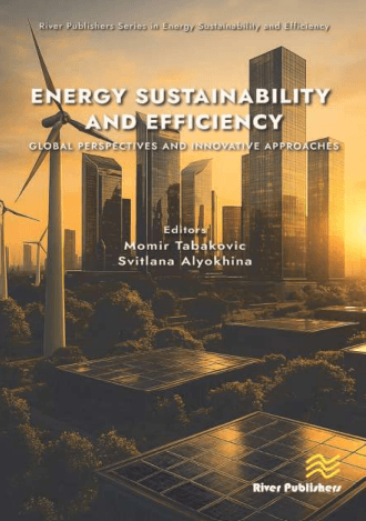 Buchcover mit dem Titel „Energy Sustainability and Efficiency: Global Perspectives and Innovative Approaches“, herausgegeben von Momir Tabakovic und Svitlana Alyokhina, auf dem Wolkenkratzer in der Stadt und Windkraftanlagen bei Sonnenuntergang zu sehen sind.