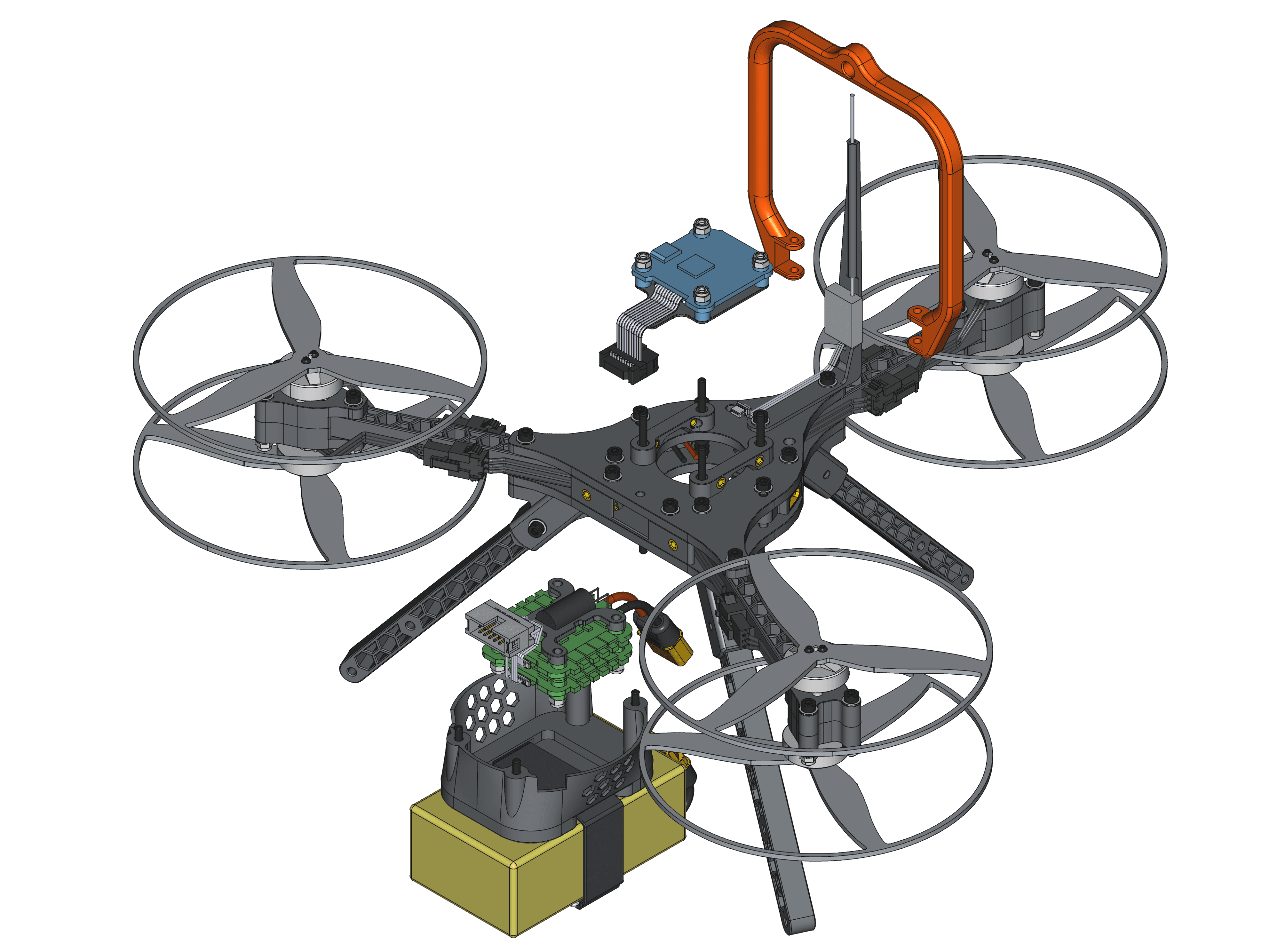 Eine 3D-gerenderte technische Darstellung einer Quadcopter-Drohne mit beschrifteten Bauteilen, darunter vier Propeller, ein Akku, Leiterplatten, Verkabelung und ein orangefarbener Schutzrahmen über dem zentralen Rumpf.