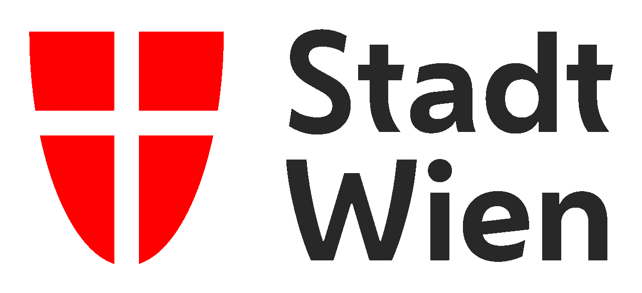 Logo mit einem roten Schild, auf dem links ein weißes Kreuz und rechts der Schriftzug „Stadt Wien“ in fetter schwarzer Schrift zu sehen ist.