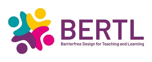 Logo mit vier abstrakten, farbenfrohen menschlichen Figuren, die einen Kreis bilden, neben dem Text „BERTL“ und dem Slogan „Barrierefreies Design für Lehren und Lernen“.