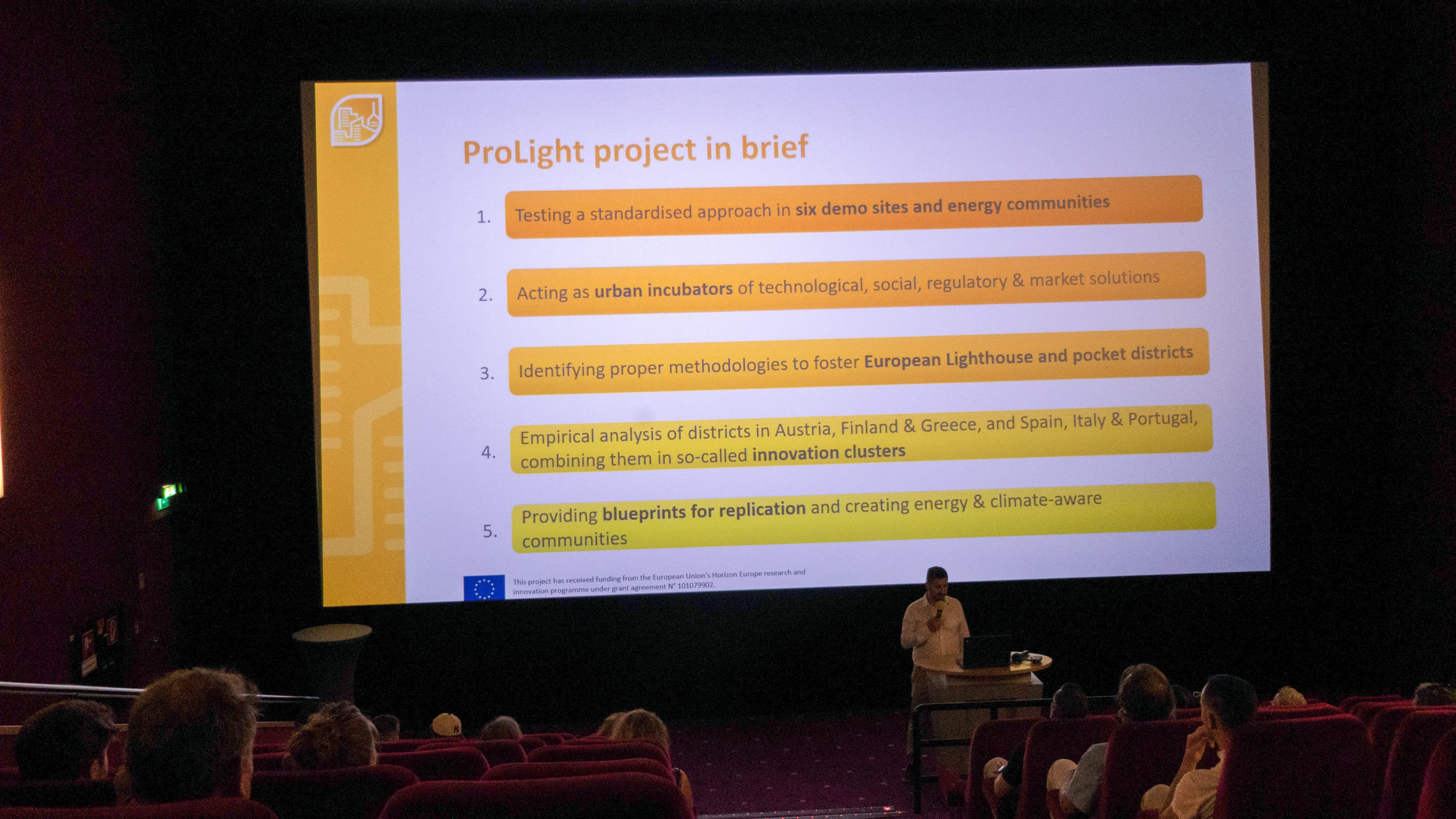 Ein Moderator steht vor einer Kinoleinwand, auf der eine Folie mit dem Titel „Das ProLight-Projekt in Kürze“ zu sehen ist, auf der fünf Stichpunkte zu den Projektzielen aufgeführt sind, während das Publikum in roten Kinosesseln sitzt.