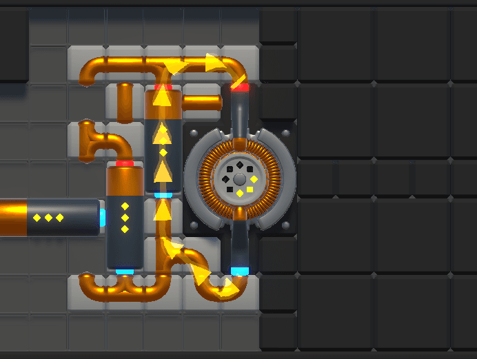 Eine digitale Illustration von miteinander verbundenen orangefarbenen und gelben Rohren mit Pfeilen, die die Fließrichtung anzeigen, verbunden mit einem runden mechanischen Gerät vor einem dunklen Rasterhintergrund.