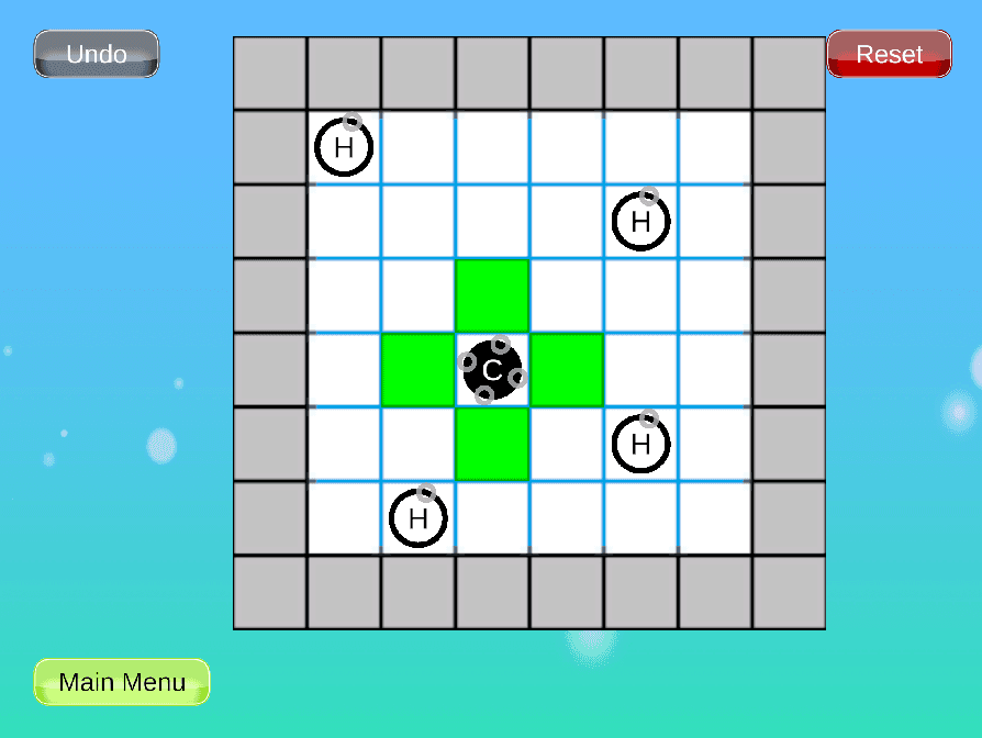 Auf dem Spielfeld eines rasterbasierten Puzzlespiels sind ein schwarzer Kreis in der Mitte, vier Kreise mit einem „H“ drumherum sowie grüne Quadrate in der Mitte und auf den Diagonalen zu sehen. Die Schaltflächen „Rückgängig“, „Zurücksetzen“ und „Hauptmenü“ sind sichtbar.