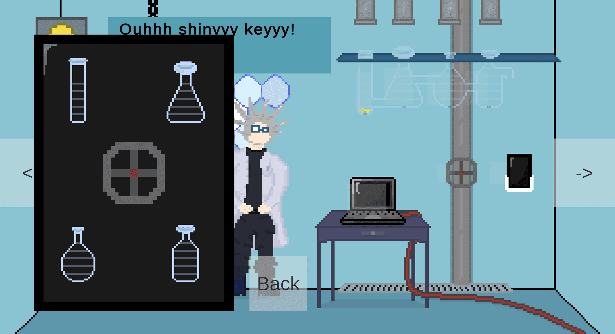 Ein Pixel-Art-Wissenschaftler im Laborkittel steht hinter einem großen schwarzen Bildschirm, auf dem Symbole für Laborgeräte zu sehen sind; auf einem Tisch mit Kabeln steht ein Laptop, und über den blauen Laborhintergrund verlaufen Rohre. Der Text darüber lautet: „Ouhhh, ein glänzender Schlüssel!“.