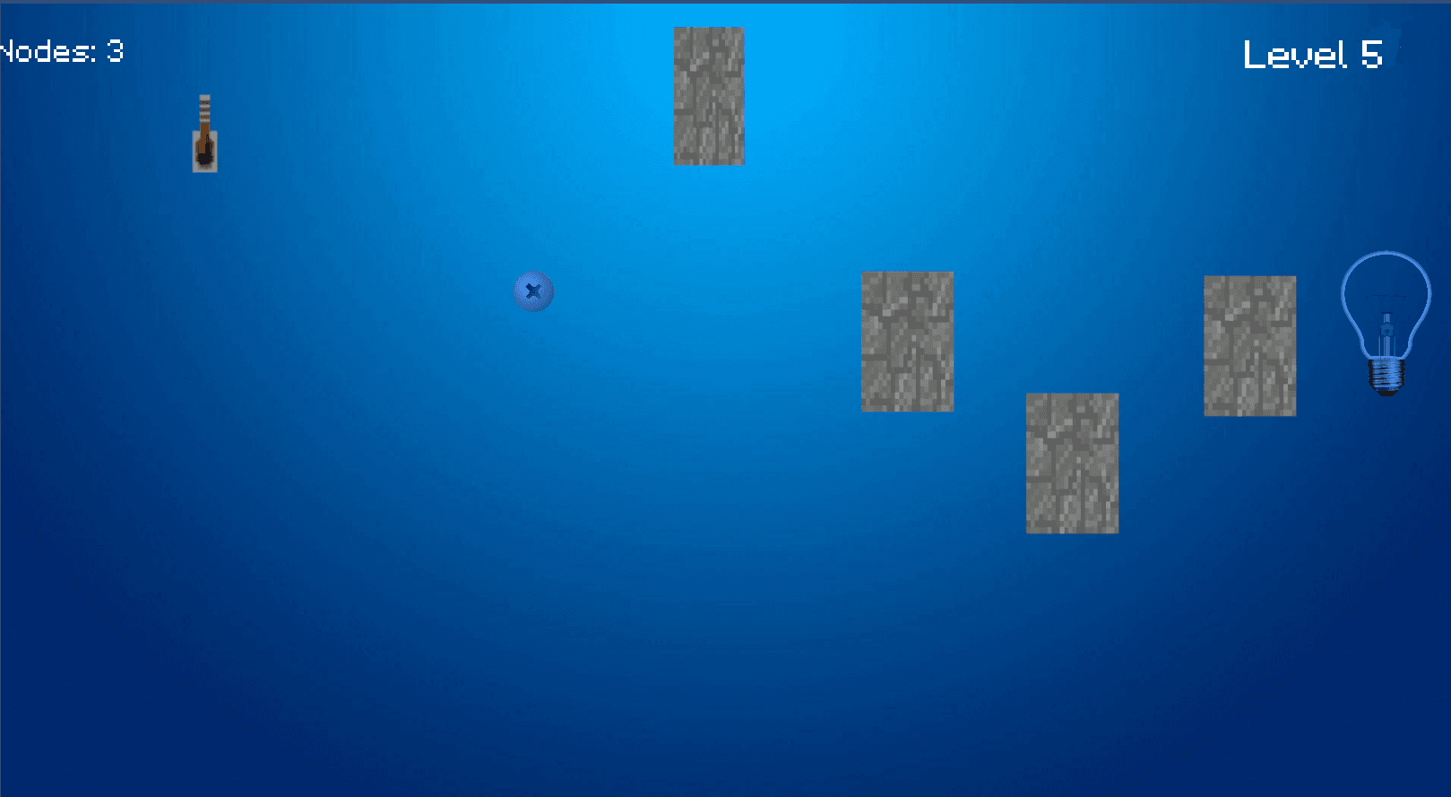 Ein blauer Spielbildschirm mit einem Flaschen-Symbol, einem blauen Knoten, drei Steinblöcken und einem Glühbirnen-Symbol. Oben steht links „Knoten: 3“ und rechts „Level 5“.