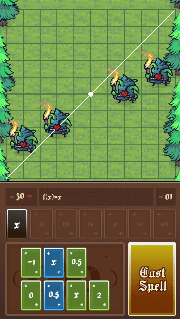 Ein rasterbasiertes Spiel mit vier blauen, feuerwerfenden Gegnern, die diagonal angeordnet sind. Im unteren Bereich sind Karten mit mathematischen Funktionen und eine Schaltfläche „Zauber wirken“ zu sehen. Die HP betragen 30, und die angezeigte Funktion lautet f(x) = x.