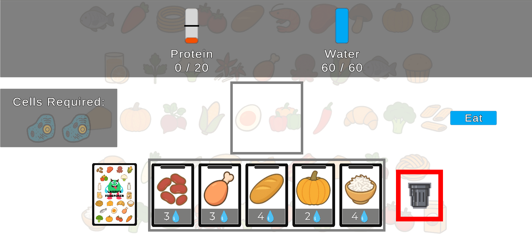 Eine Spieloberfläche, die einen Ernährungs-Tracker mit Protein- und Wasserwerten, Lebensmittelkarten mit Symbolen und Werten, ein rot hervorgehobenes Papierkorb-Symbol sowie eine Schaltfläche mit der Aufschrift „Essen“ zeigt.