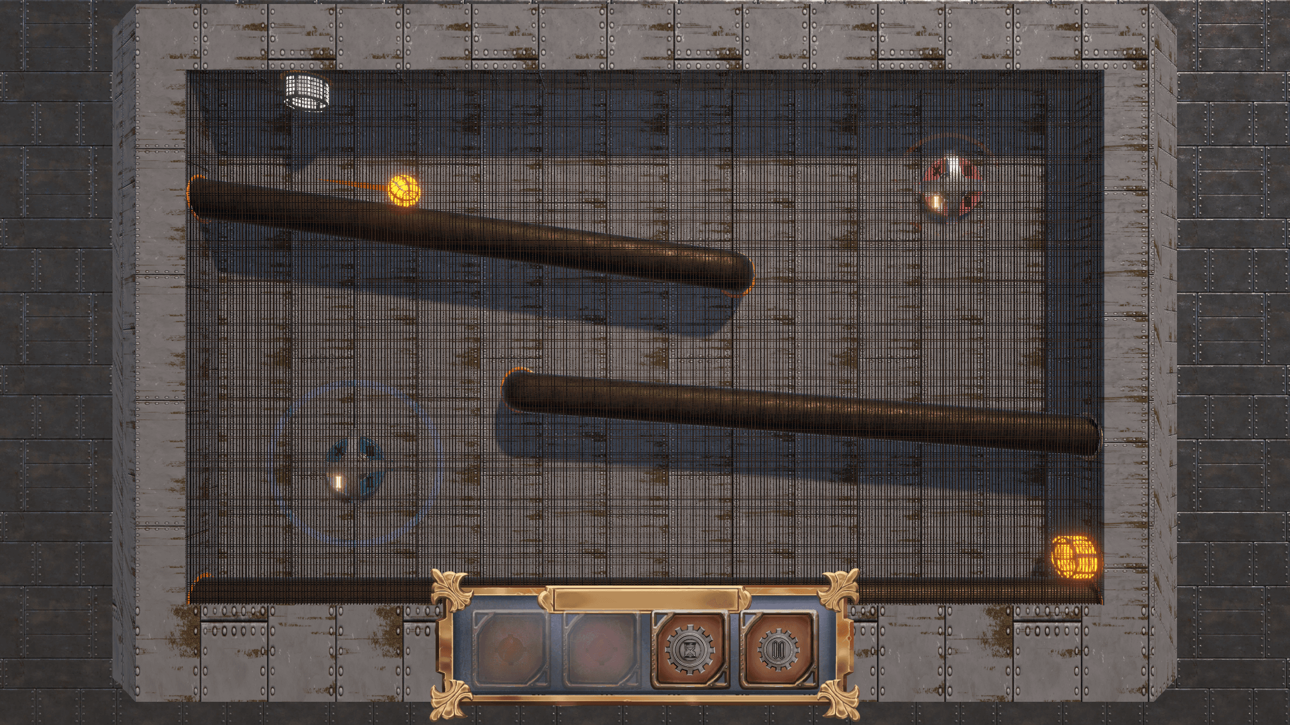 Eine Draufsicht auf ein Puzzlespiel mit zwei rollenden Kugeln, zwei diagonalen Stäben und Zahnrädern unten in der Mitte der Benutzeroberfläche vor einem metallischen Gitterhintergrund. Die Kugeln befinden sich in kreisförmigen Bereichen nahe gegenüberliegender Ecken.