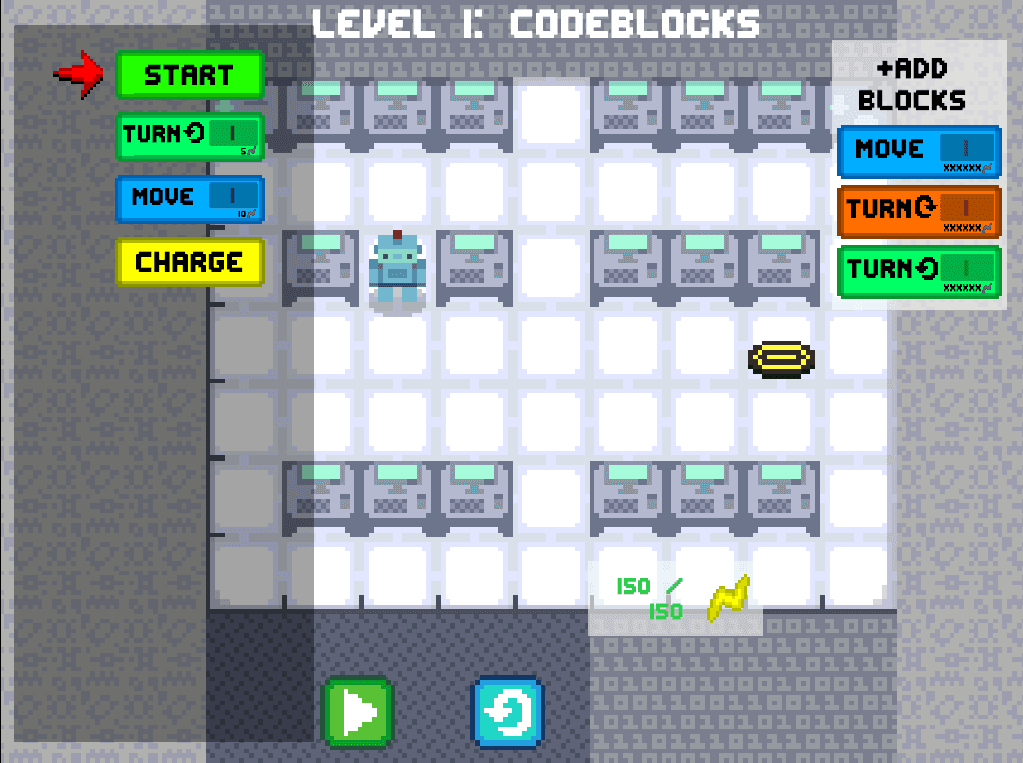 Ein Pixelroboter befindet sich auf einem Raster. Auf der linken Seite sind Befehle wie „MOVE“ und „TURN“ aufgeführt. Rechts befindet sich eine gelbe Spule. Das Ziel scheint darin zu bestehen, den Roboter mithilfe von Code-Blöcken zur Spule zu führen.