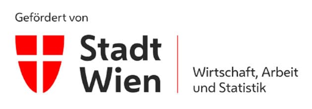 Logo mit einem roten Wappenschild und dem Schriftzug: „Gefördert von Stadt Wien Wirtschaft, Arbeit und Statistik“ auf weißem Hintergrund.