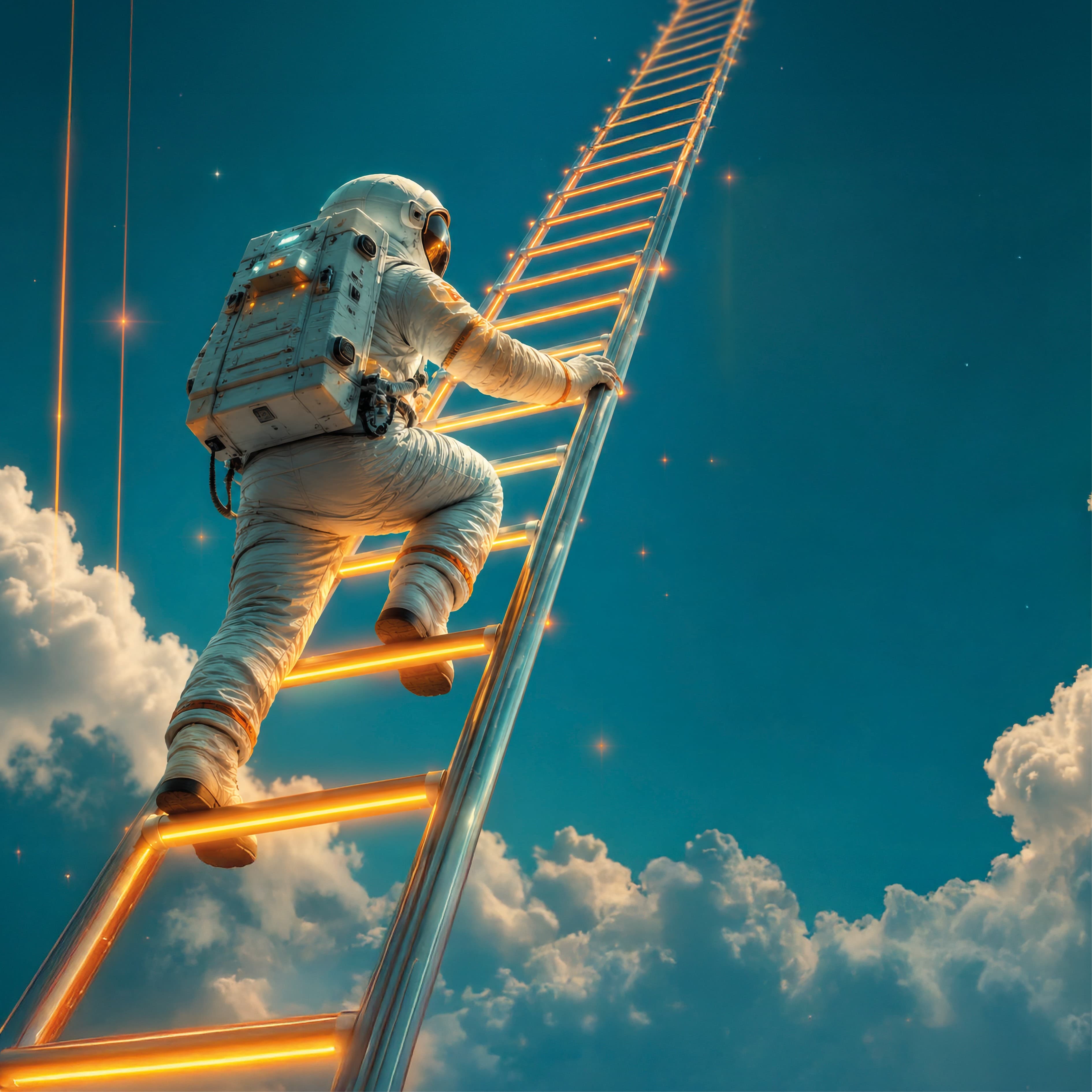 Ein Astronaut klettert eine leuchtende, beleuchtete Leiter hinauf, die sich vor einem tiefblauen Hintergrund in den Himmel erstreckt, umgeben von flauschigen Wolken und Sternen.