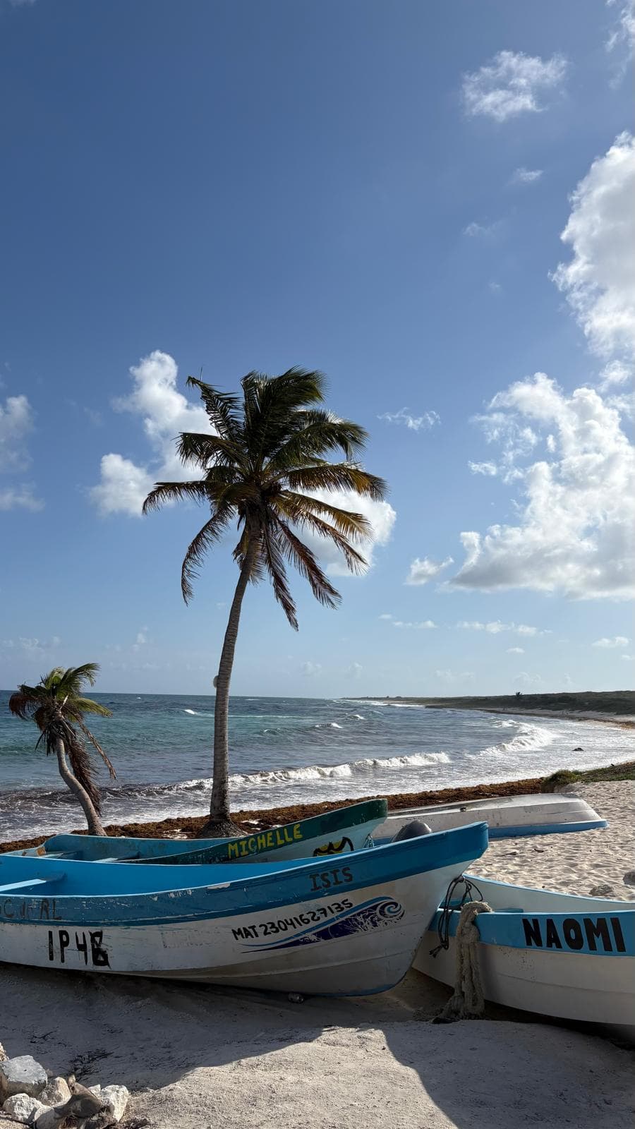 Drei kleine Fischerboote liegen an einem Sandstrand, neben dem eine Palme steht. Unter einem blauen Himmel mit einigen Wolken rollen die Meereswellen heran.