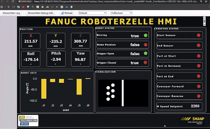 Auf einem Computerbildschirm ist die HMI-Oberfläche einer FANUC-Roboterzelle zu sehen, die die Roboterposition, Statusanzeigen, Gelenkachsen-Daten sowie eine Förderbandgeschwindigkeit von 2200 anzeigt. Verschiedene Schaltflächen und Diagramme zeigen Echtzeit-Informationen zum Roboterbetrieb an.