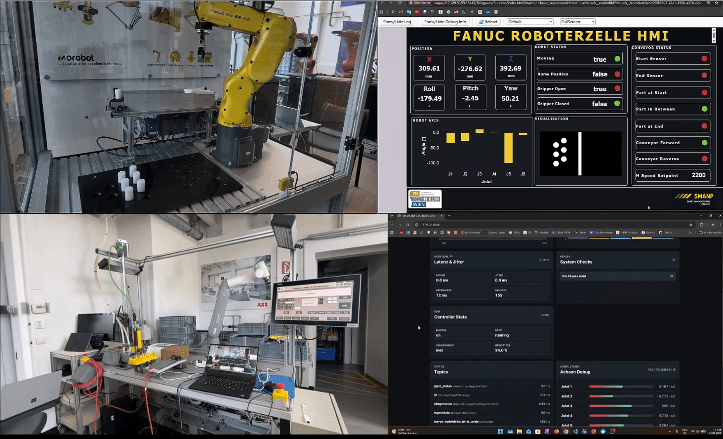 Eine Collage zeigt einen Roboterarm, der weiße Zylinder handhabt, Bedienfelder mit Daten und Diagrammen sowie einen Arbeitsplatz mit Monitoren, auf denen Systemsteuerungsoberflächen und Code angezeigt werden.