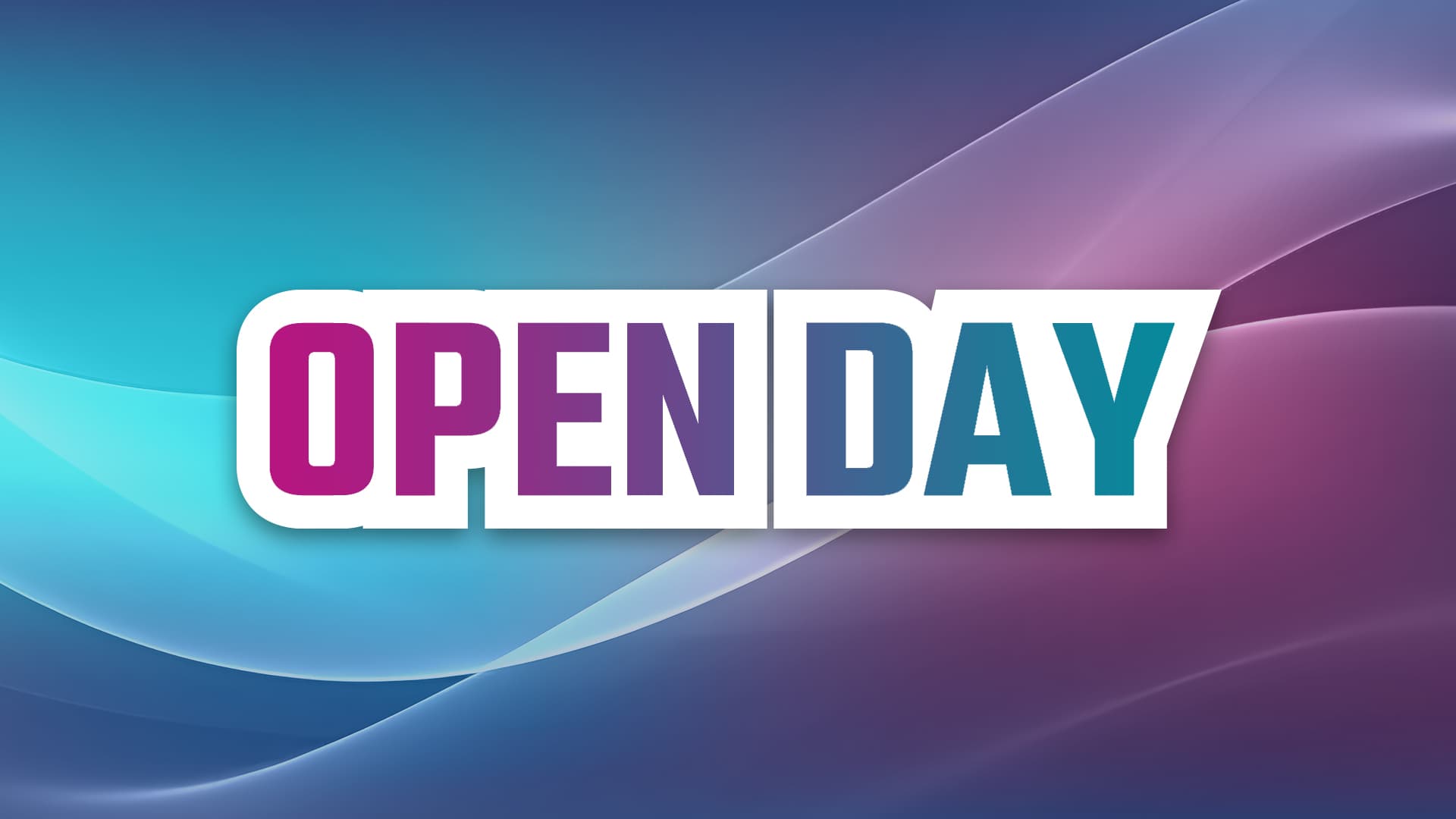 Der Text „Open Day“ ist in fetten, weiß umrandeten Buchstaben gehalten; „OPEN“ in Magenta und Lila, „DAY“ in Blaugrün. Der Hintergrund zeigt ineinander übergehende blaue und lila Wellen.