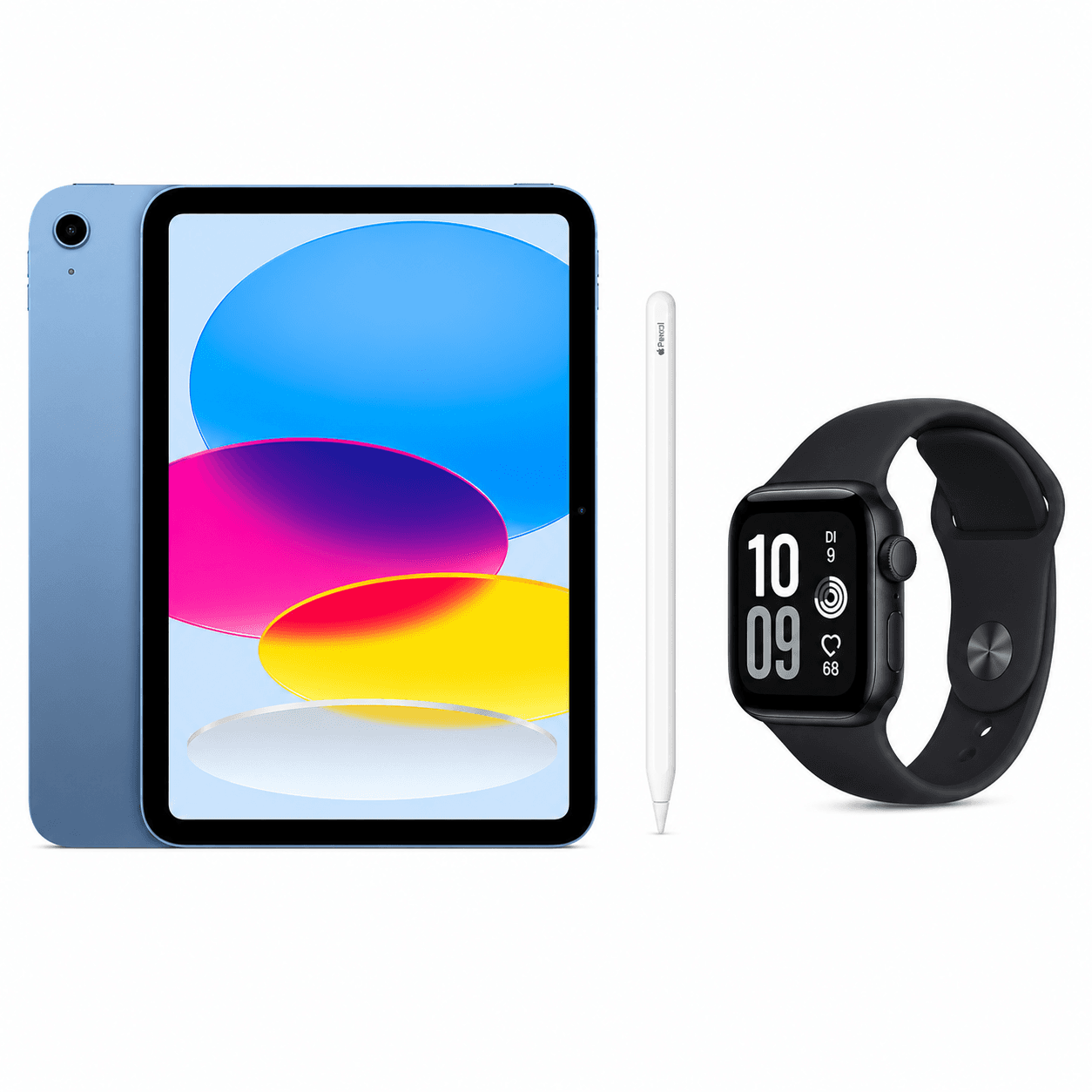 Ein blaues Tablet mit einem bunten Bildschirm, ein weißer Stylus und eine schwarze Smartwatch, die die Uhrzeit und Gesundheitsdaten anzeigt – alles vor einem weißen Hintergrund.