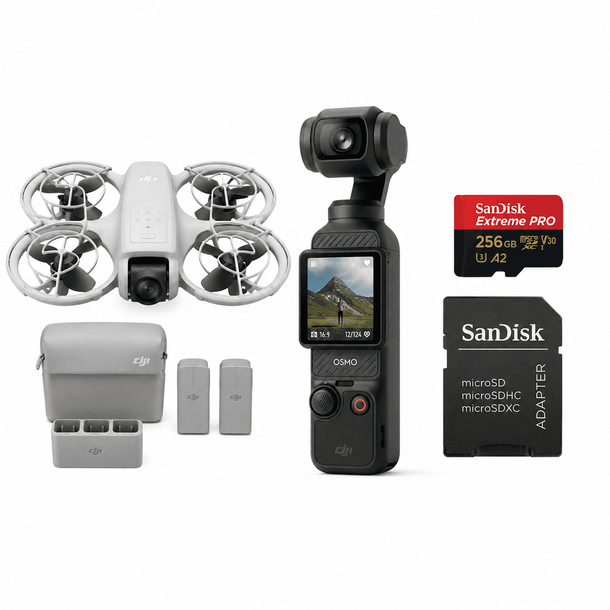 Eine DJI-Drohne, eine DJI Osmo Pocket-Kamera, zwei Akkus, ein Ladegerät, eine graue Tragetasche, eine SanDisk-microSD-Karte mit 256 GB und ein Adapter, angeordnet auf einem weißen Hintergrund.
