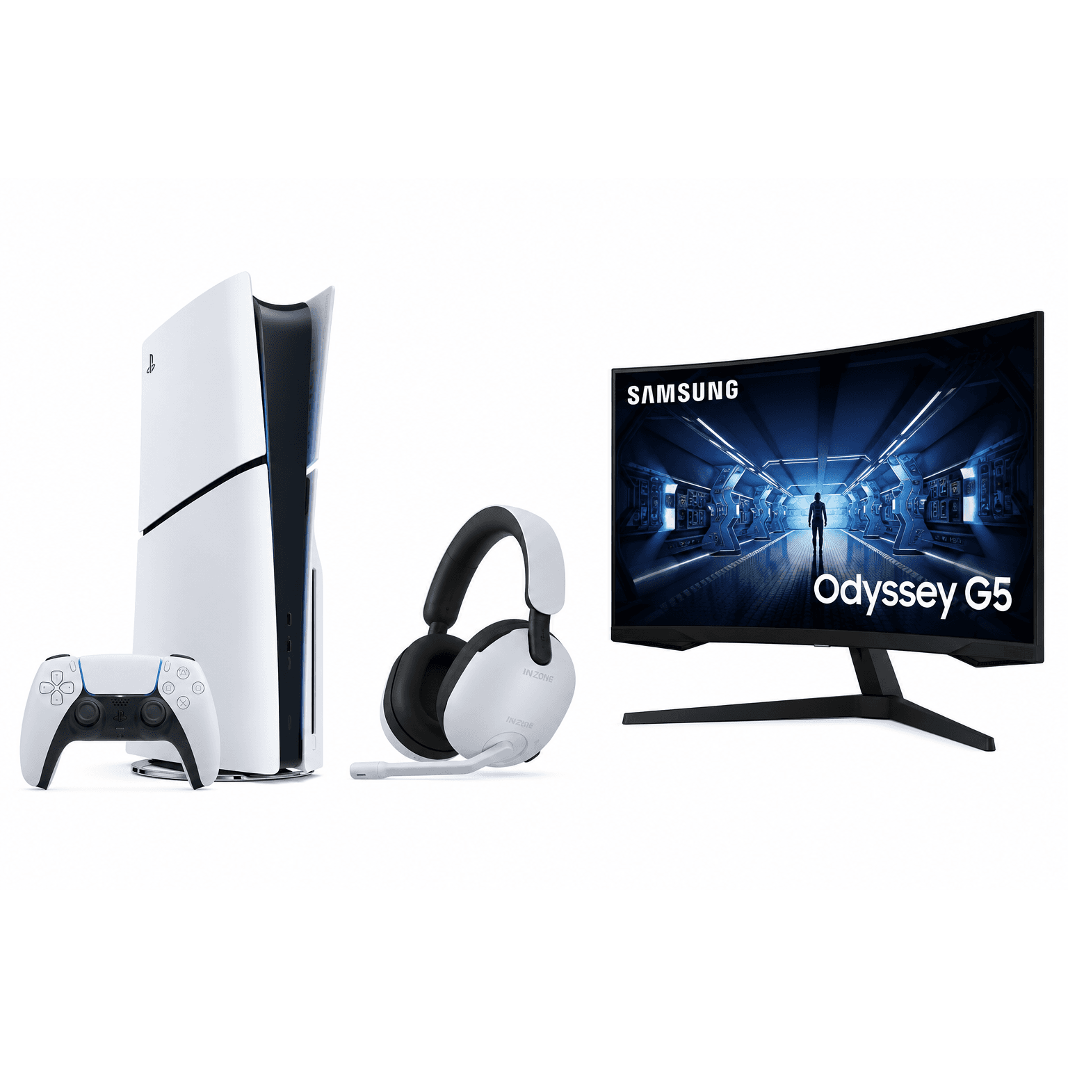 Eine weiße PlayStation-5-Konsole mit einem Controller, ein weißes Gaming-Headset und ein gebogener Samsung-Odyssey-G5-Monitor, auf dem eine futuristische Szene zu sehen ist.