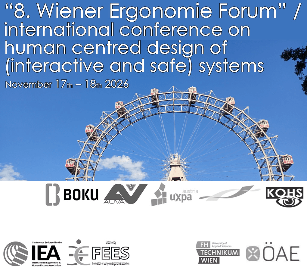 Ein Riesenrad vor blauem Himmel mit einem Text zum 8. Wiener Ergonomie-Forum, einer internationalen Konferenz zum menschenzentrierten Systemdesign, 17.–18. November 2026, darunter mehrere Organisationslogos.