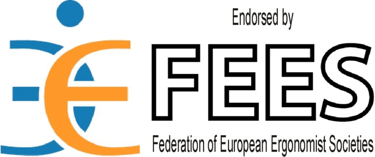 Logo mit abstrakten blauen und orangefarbenen Formen sowie dem Schriftzug „Endorsed by FEES Federation of European Ergonomist Societies“ auf weißem Hintergrund.