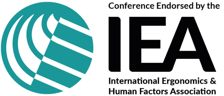 Rundes Logo in den Farben Blaugrün und Weiß neben dem Text: Von der IEA (International Ergonomics & Human Factors Association) unterstützte Konferenz.
