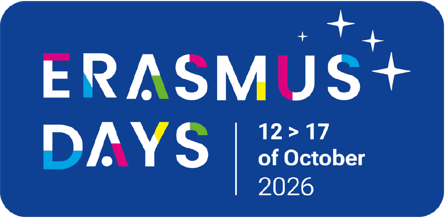 Das Logo der Erasmus-Tage mit farbigem Text auf blauem Hintergrund, auf dem die Veranstaltungstermine angegeben sind: 12. bis 17. Oktober 2026, sowie drei weiße Sterne rechts neben dem Text.
