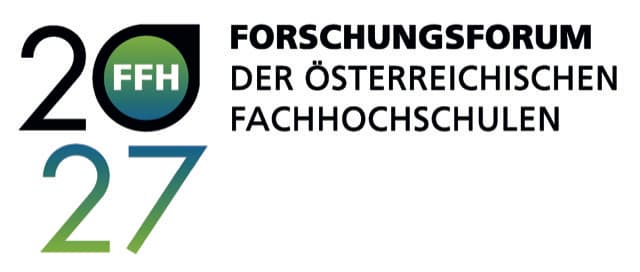 Logo für das Forschungsforum der Österreichischen Fachhochschulen 2027 mit der Abkürzung „FFH“ in einem grün-blauen Kreis zwischen den Zahlen 20 und 27 sowie dem Veranstaltungstitel in fetter schwarzer Schrift rechts davon.