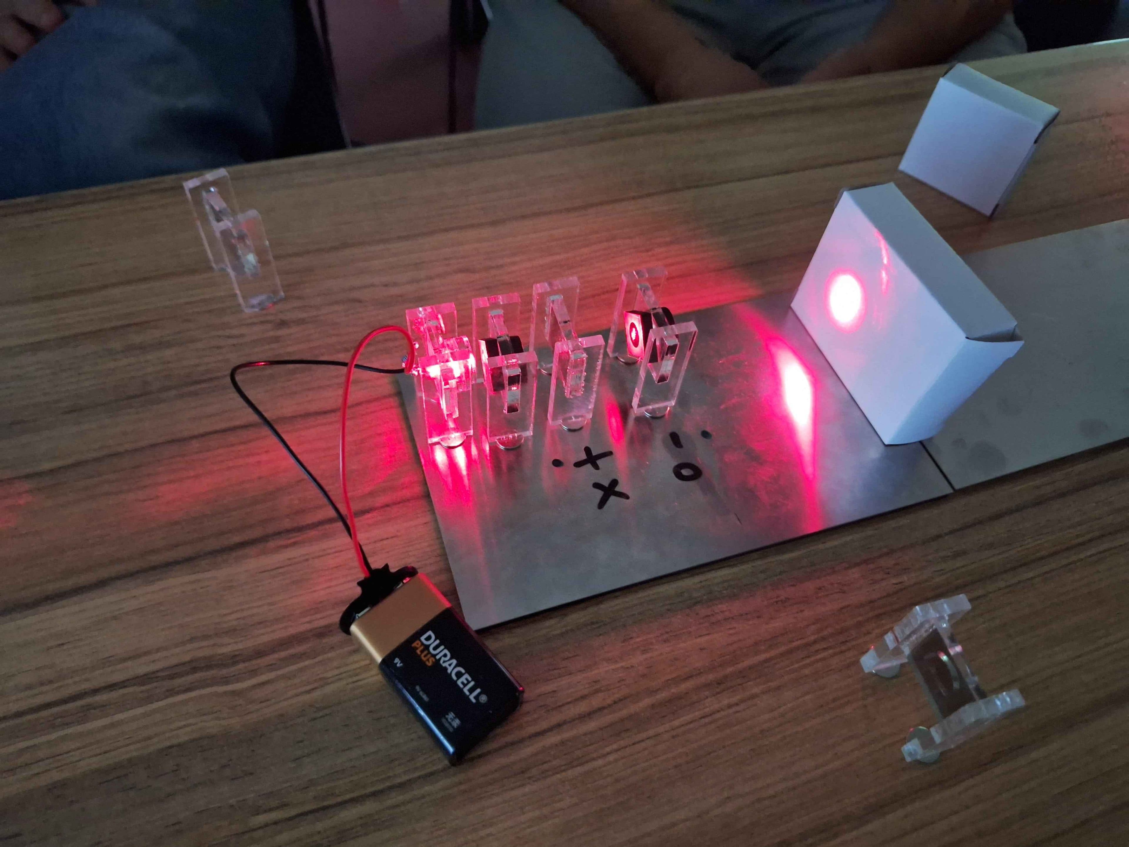Ein roter Laserstrahl aus einer Batterie durchläuft Acrylprismen und wird auf eine weiße Leinwand reflektiert, die auf einem Holztisch mit Markierungen und verstreuten Prismenhaltern steht.