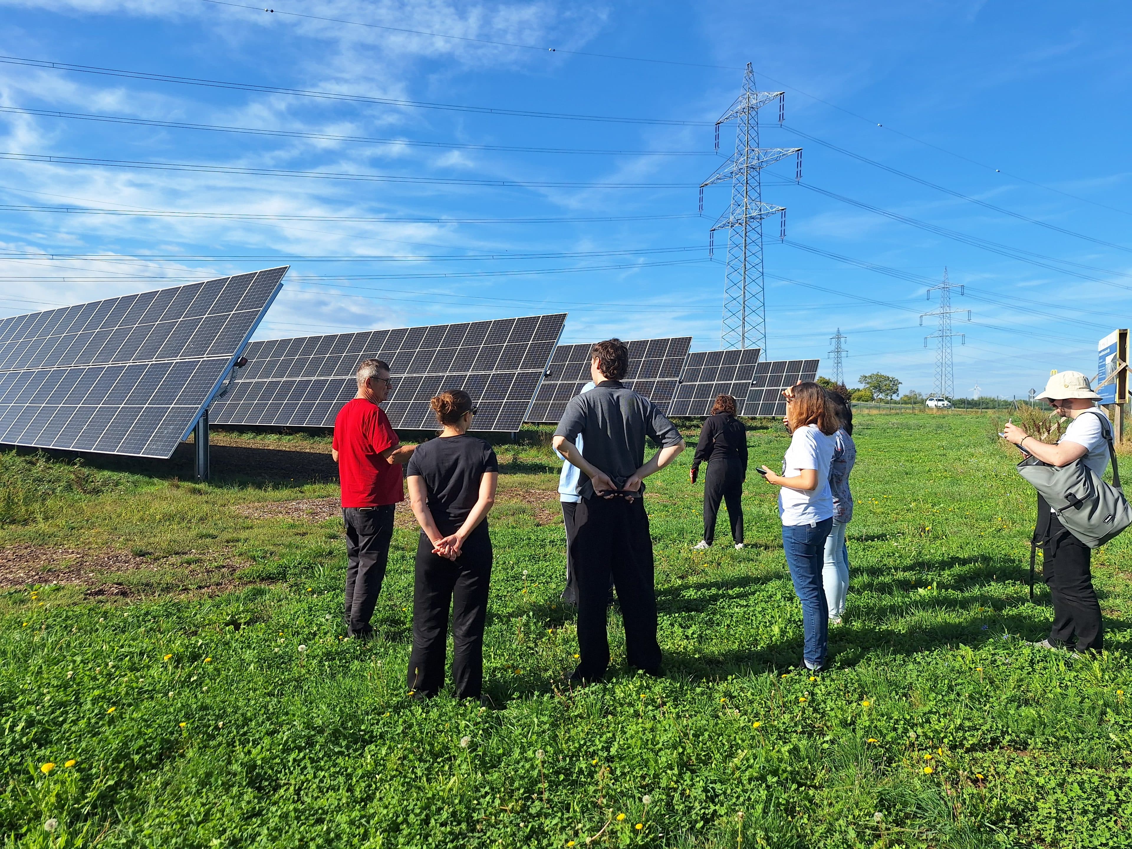 Eine Gruppe von Menschen steht auf einer Wiese und betrachtet unter strahlend blauem Himmel eine Reihe von Solarmodulen.