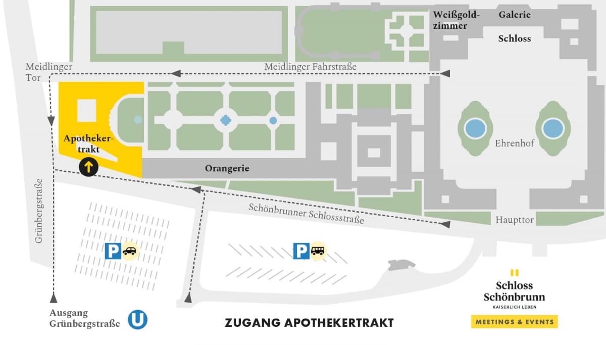 Karte mit der Wegbeschreibung zum Apotheker-Trakt im Schloss Schönbrunn, einschließlich Parkmöglichkeiten, Haupteingang und U-Bahn-Station.
