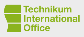 Logo für das International Office des Technikums mit einem grünen, abstrakten Symbol links neben dem Text.