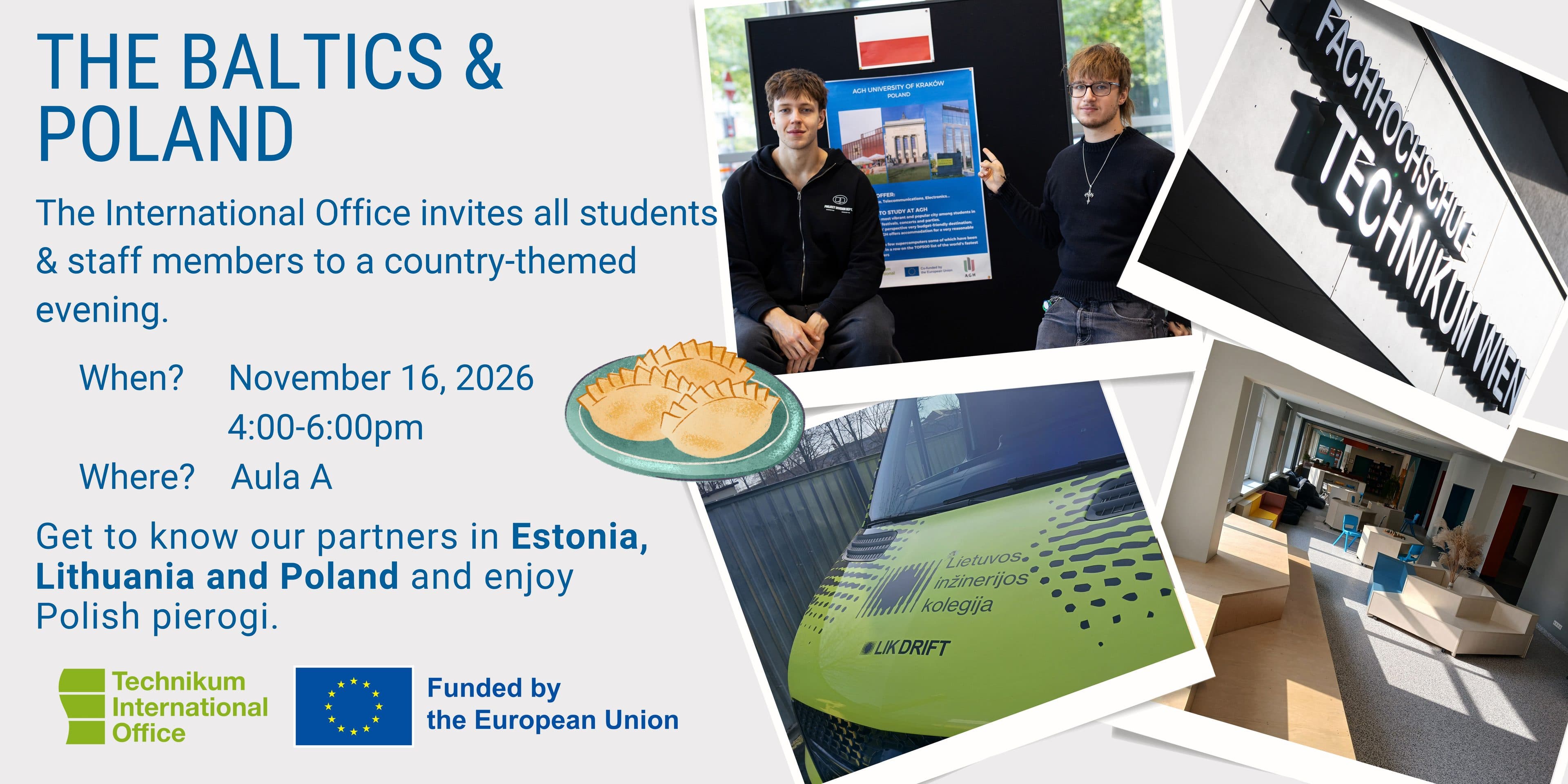 Veranstaltungsflyer für einen Abend unter dem Motto Landleben am 16. November 2026 in der Aula A, mit Fotos von Studierenden auf einer Hochschulmesse, einem Schild des Technikum Wien und einem Fahrzeug der Hochschule.